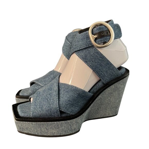 Rag & Bone Women's Santiago Crisscross Blue Denim Wedge Sandal Size 35 WORN ONCE - Picture 1 of 7